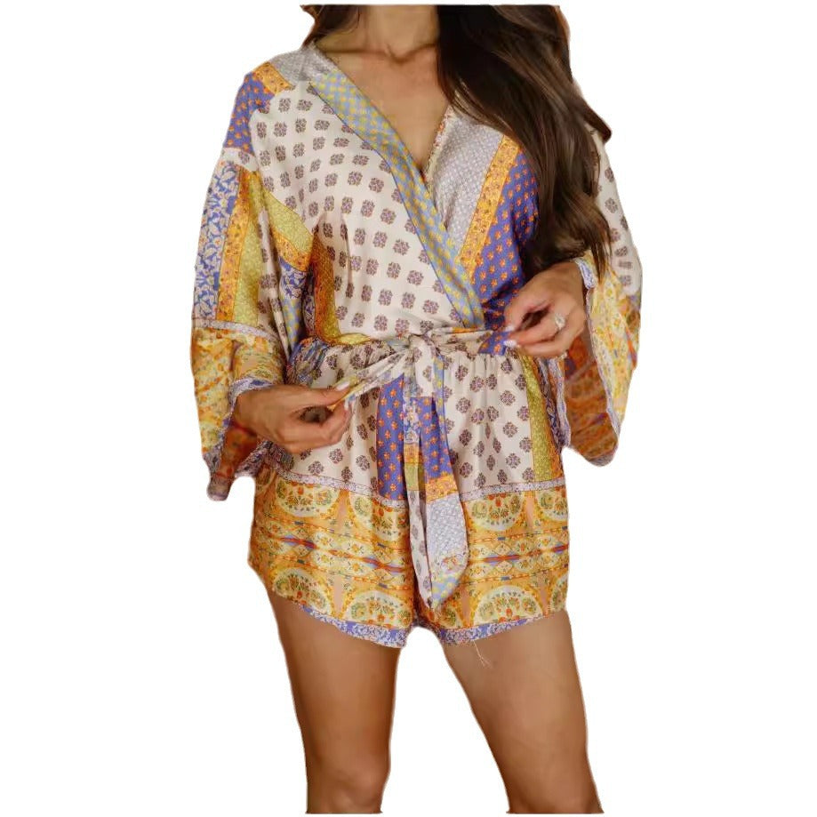 Damen lockerer Jumpsuit mit weit ausgestellten Ärmeln und buntem Muster Sovae