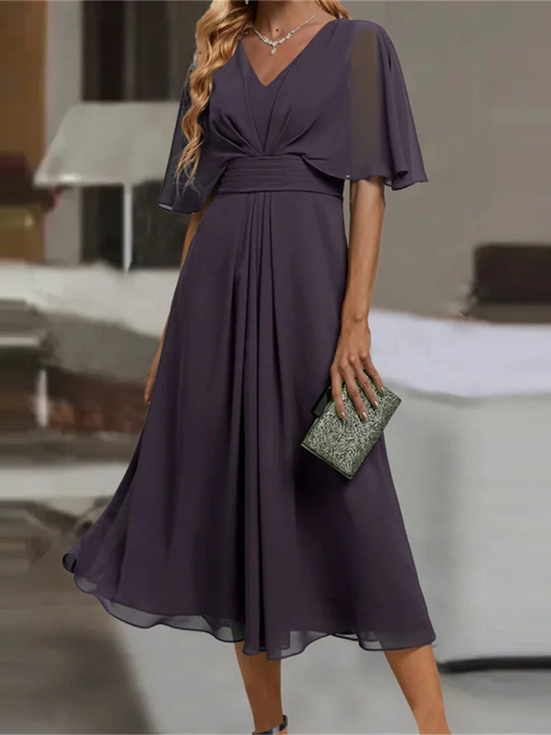 Damen Schwungvolles Elegantes Maxikleid mit femininen Rüsche-Ärmeln und Wickeloptik Sovae