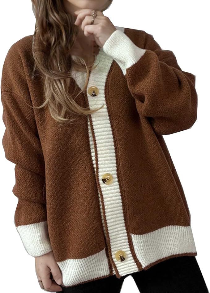 Damen lässige Strickjacke mit kontrastierenden Bündchen und dezenter Knopfleiste Sovae