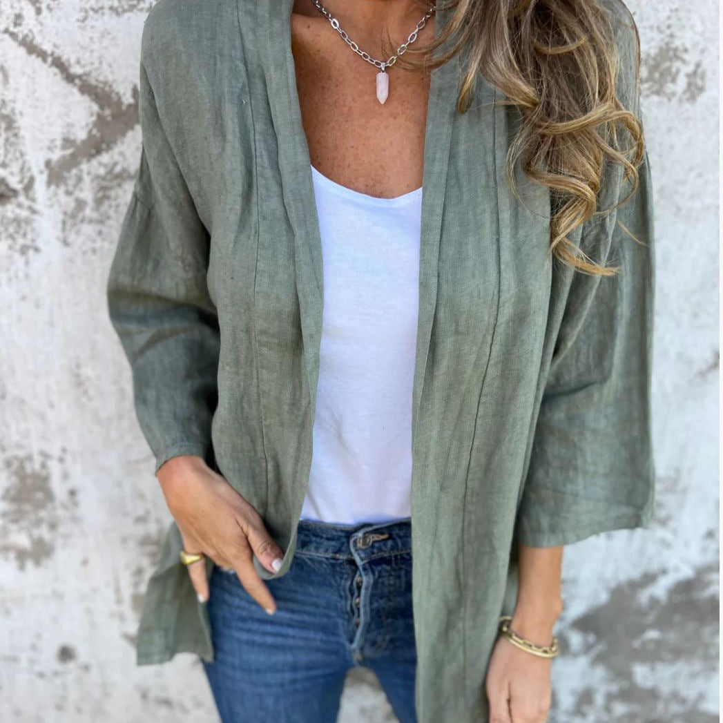 Damen lockere Leinenjacke mit innovativem Schnitt Sovae