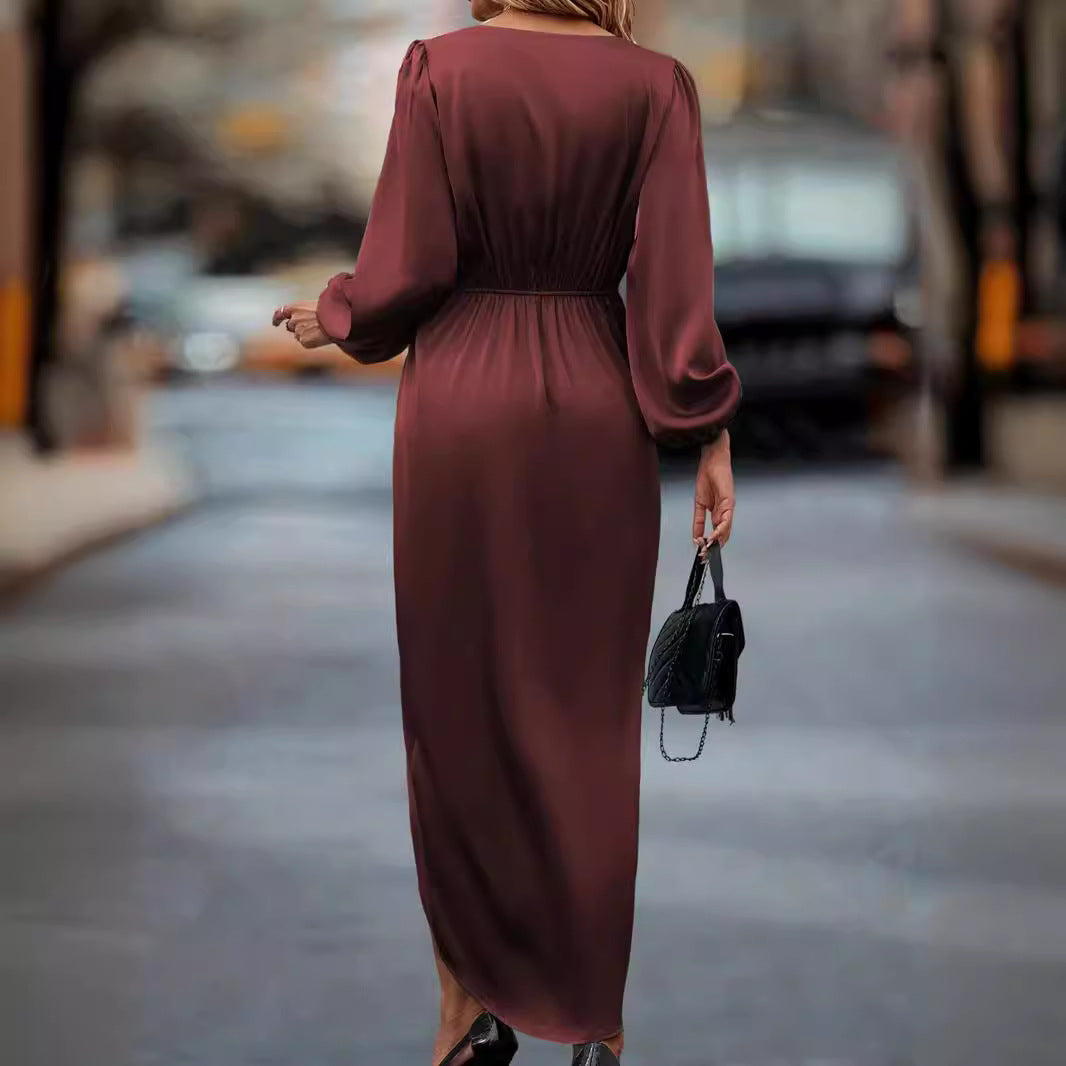 Damen Maxikleid mit raffiniertem Wickeldesign und voluminösen Ärmeln Sovae