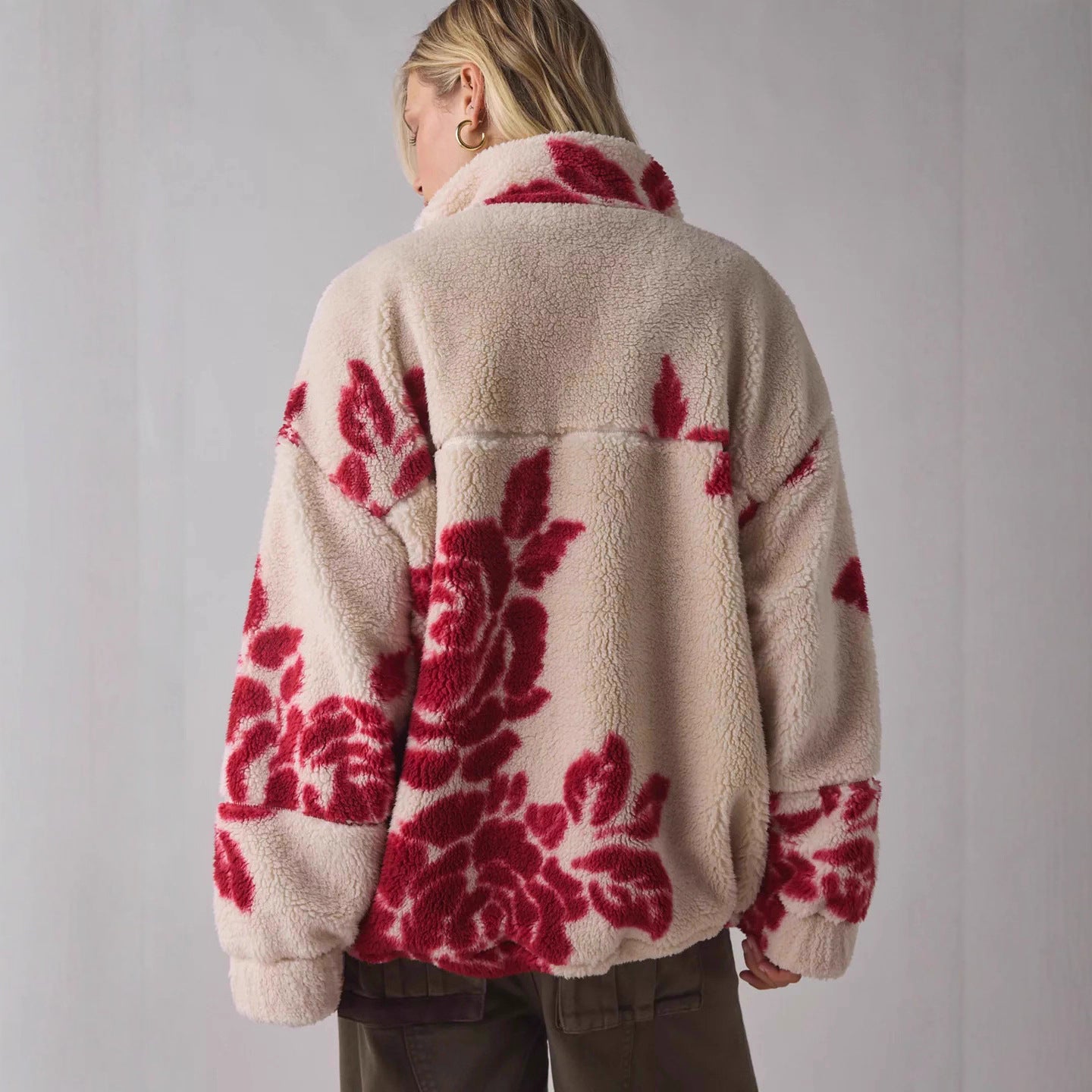 Damen Teddy-Fleece-Jacke mit floralem Muster und höherem Kragen Sovae