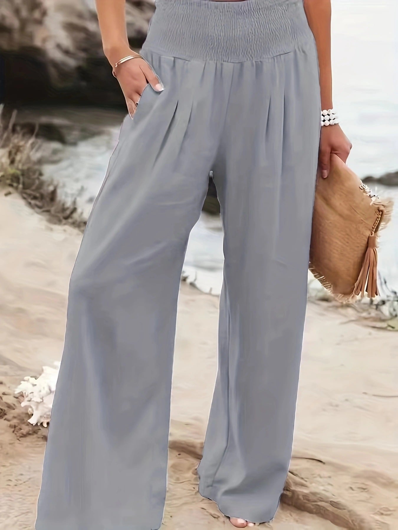 Damen Weite Leinenhose mit Elastikbund Sovae