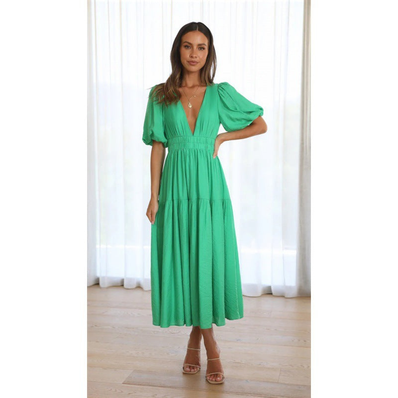 Damen Midi-Kleid mit Puffärmeln und tiefem V-Ausschnitt Sovae