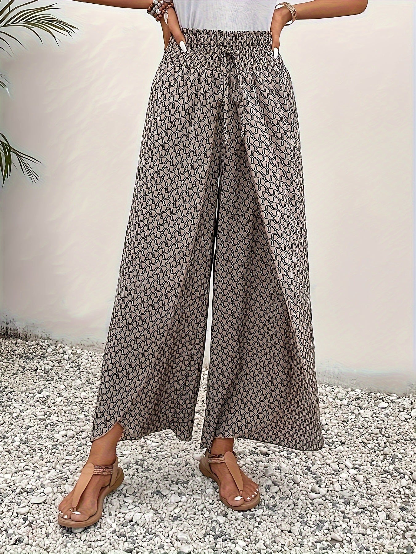 Damen weite Palazzo-Hose mit elastischem Bund und geometrischem Muster Sovae