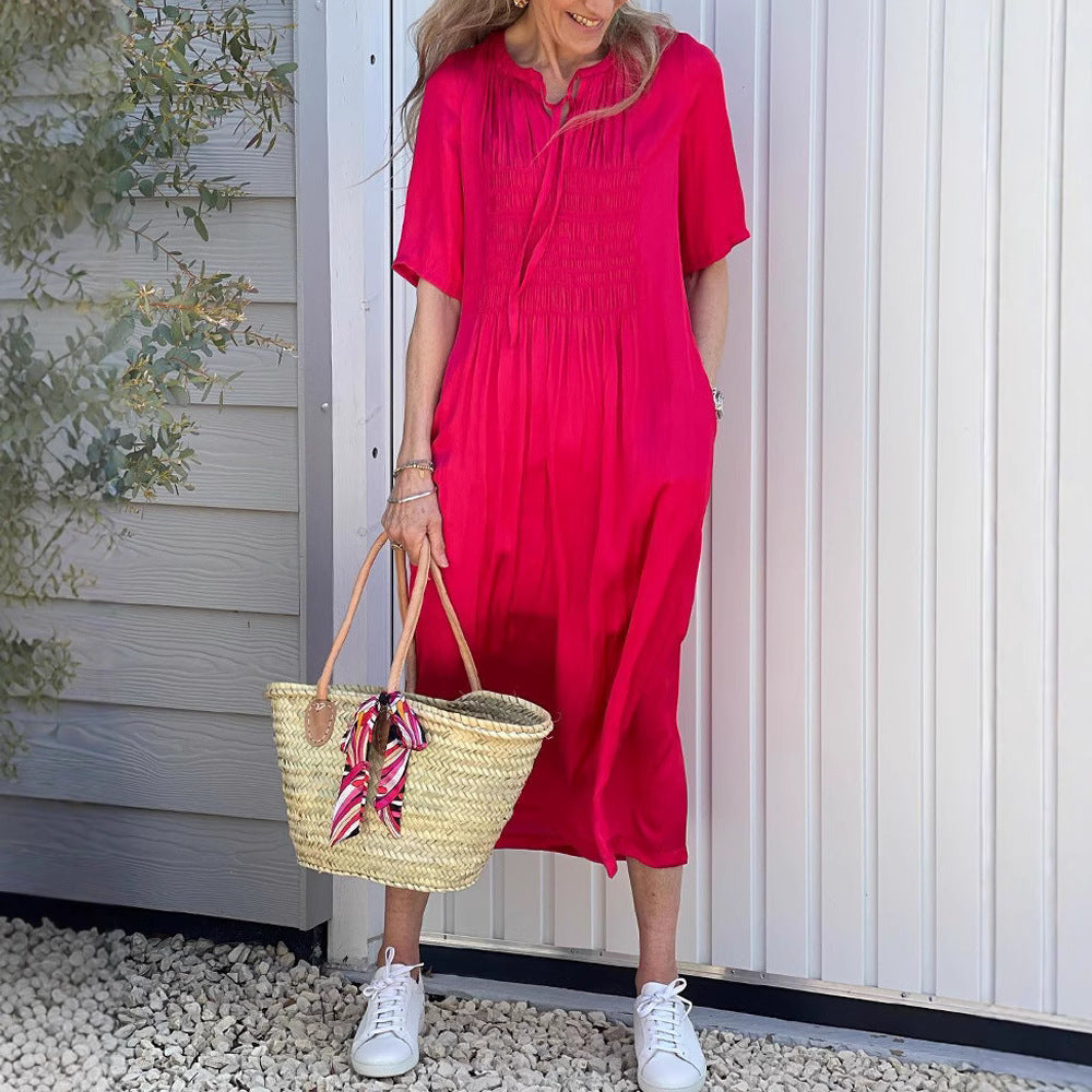 Damen Midi-Kleid mit raffinierten Falten und praktischen Taschen Sovae