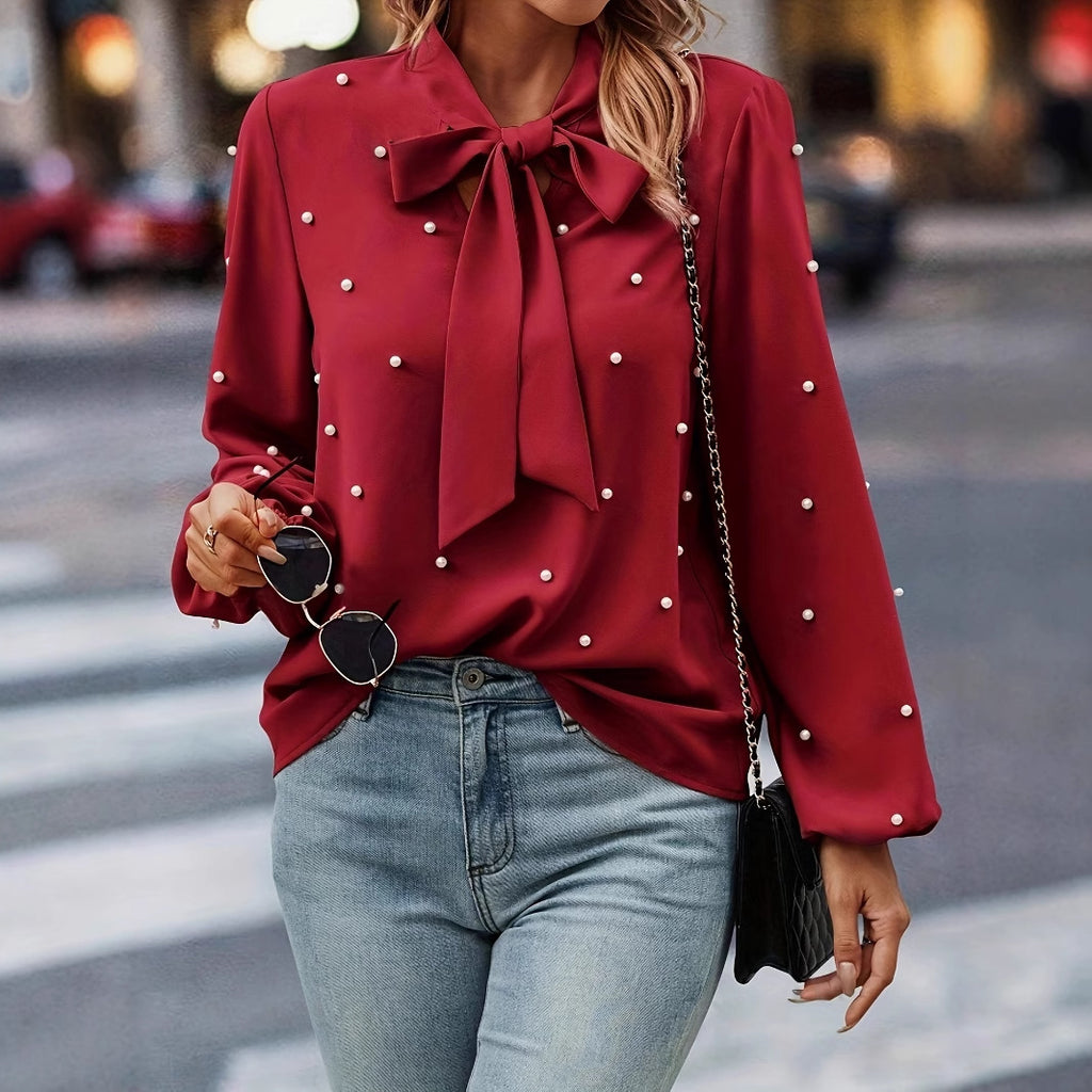 Damen Bluse mit Puffärmeln und Schleife Sovae