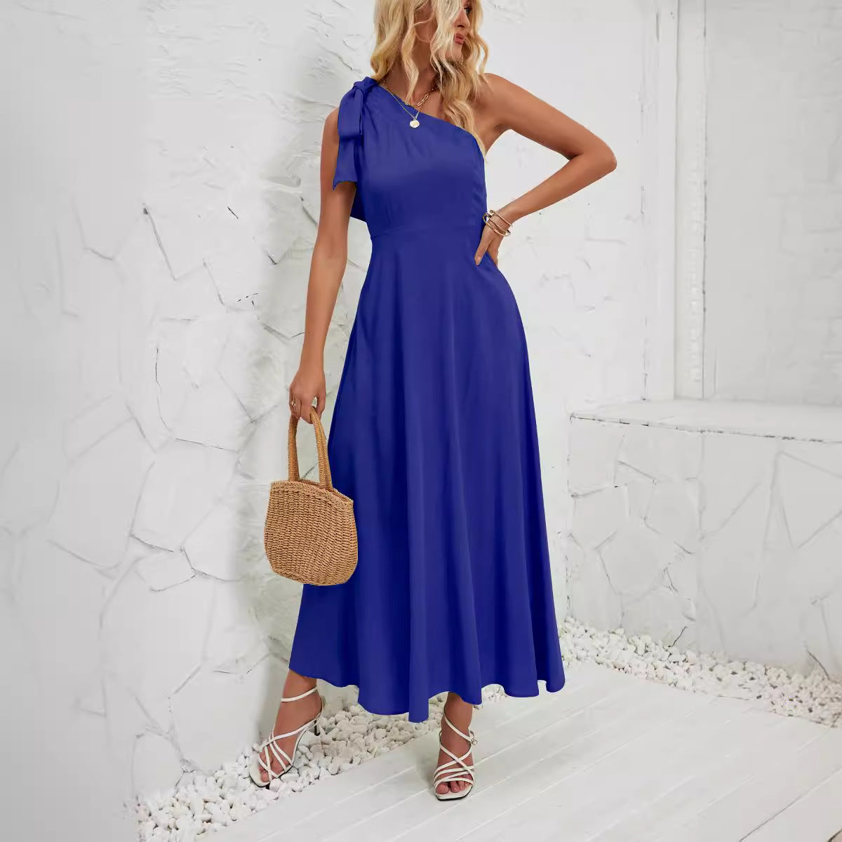 Damen elegantes Maxikleid mit asymmetrischem Träger und fließendem Rock Sovae