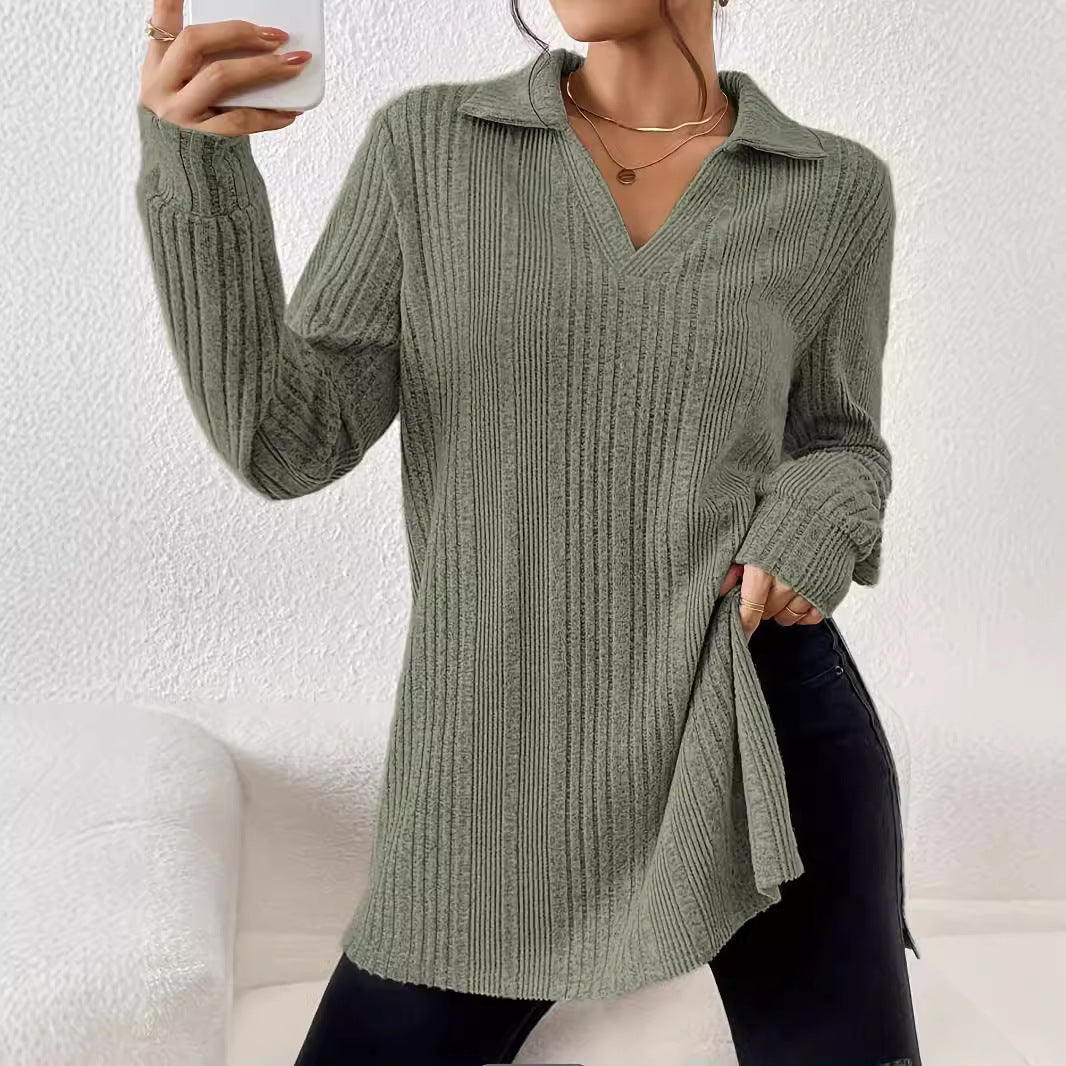 Damen Langarm Shirt mit strukturiertem V-Ausschnitt und schmalen Rippdetails Sovae