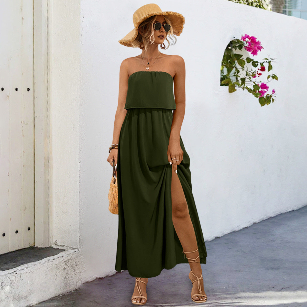 Damen Maxikleid mit trägerlosem Design und seitlichem Schlitz Sovae