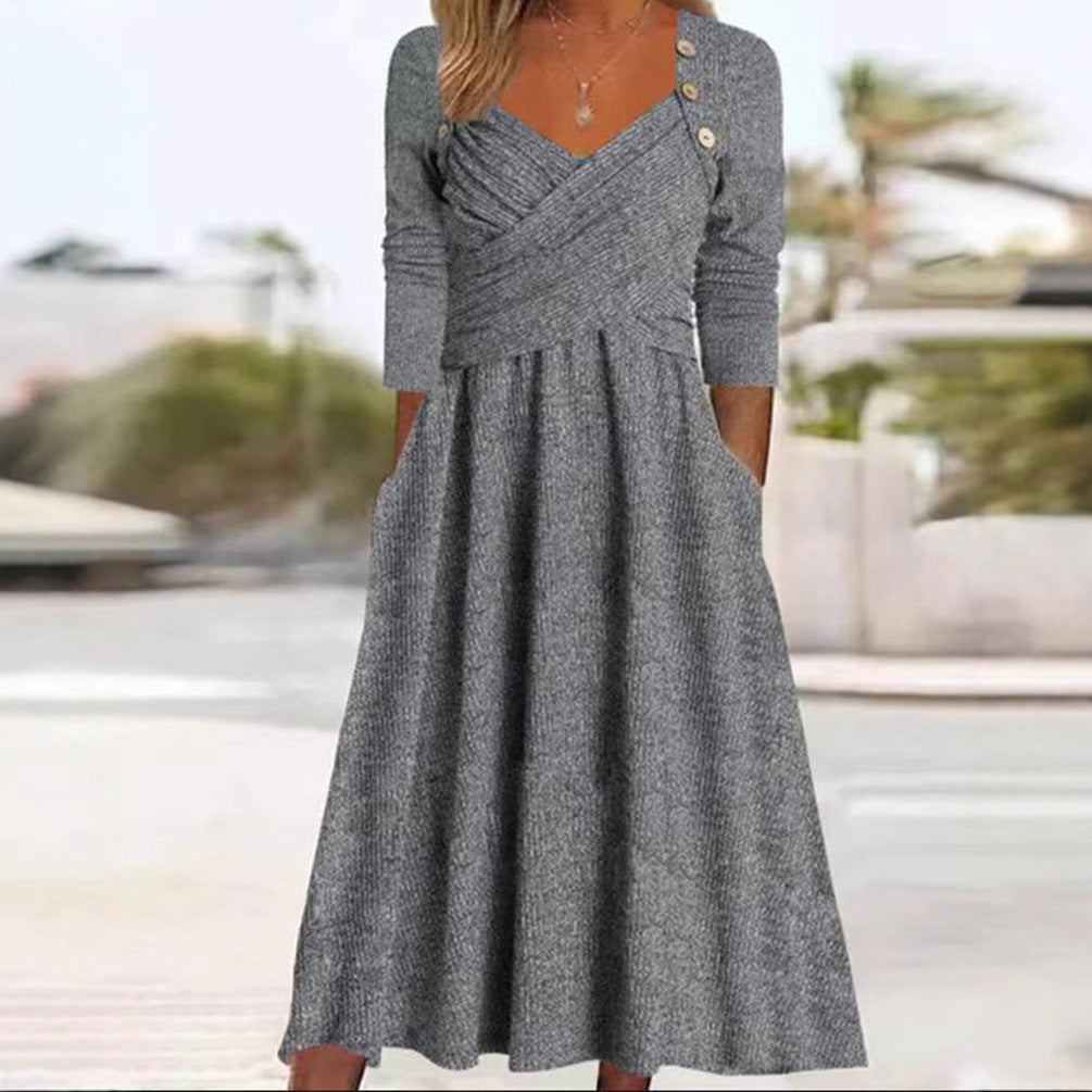 Damen Wickelkleid mit eleganten Knopfdetails und praktischen Taschen Sovae