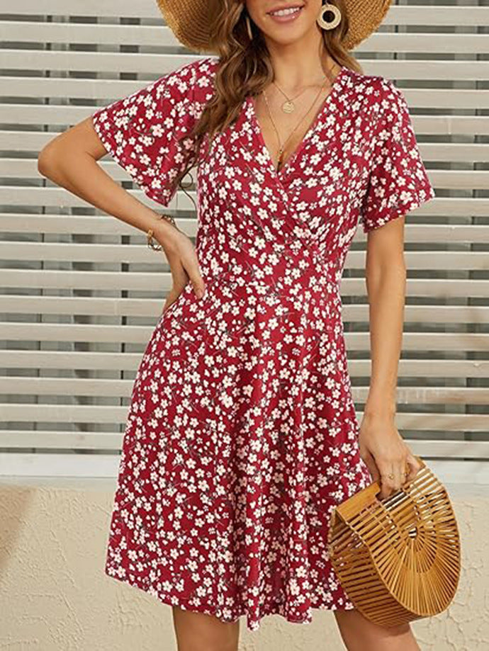 Damen florales Midikleid mit V-Ausschnitt und weit schwingendem Rock Sovae