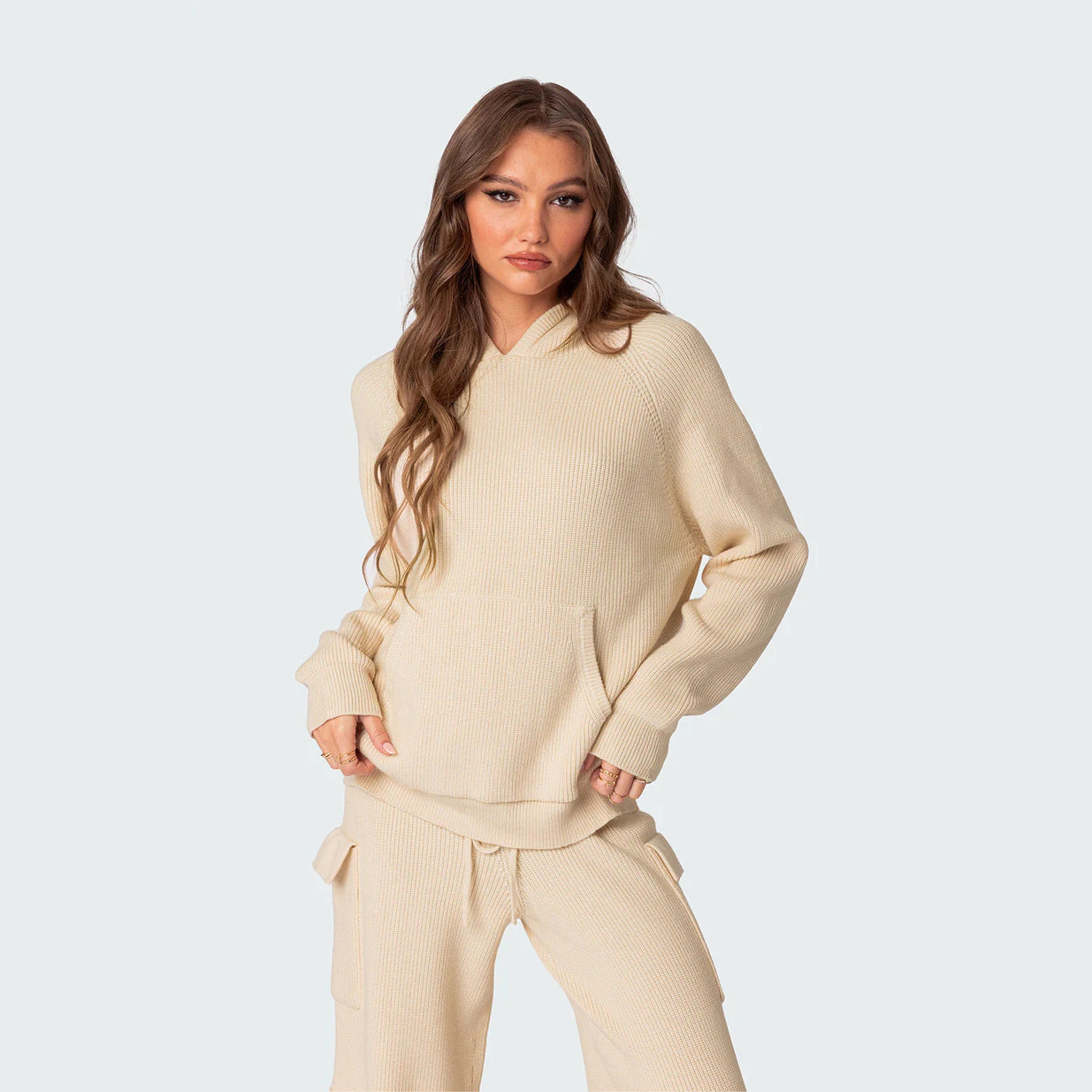Damen Kuscheliges Rippstrick-Hoodie mit Kängurutasche Sovae