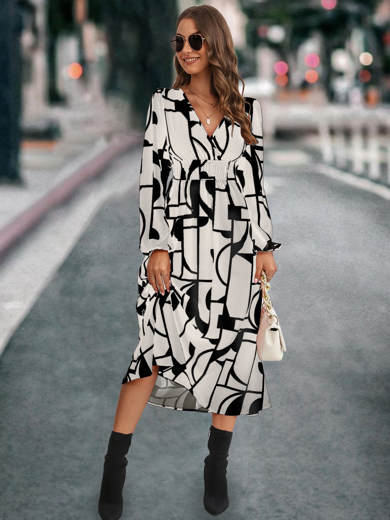 Damen Midikleid mit modernem geometrischen Muster und elastischem Bund Sovae