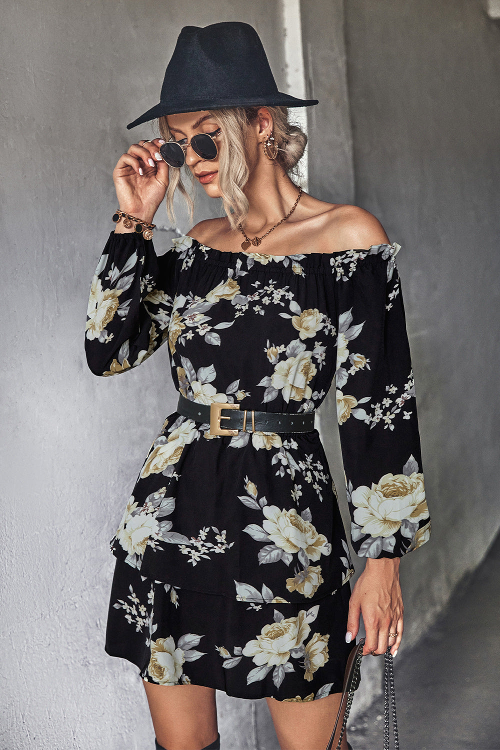 Damen Off-Shoulder Minikleid mit floralem Druck und Rüschensaum Sovae
