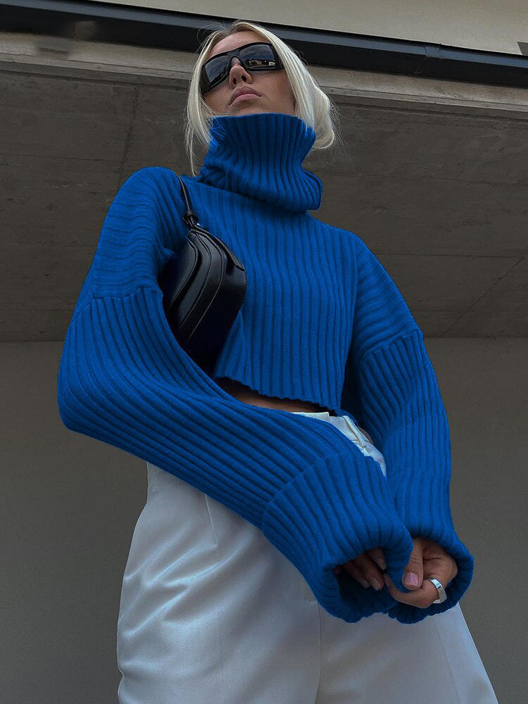 Damen Chunky Strickpullover mit hohem Kragen und Rippstruktur Sovae