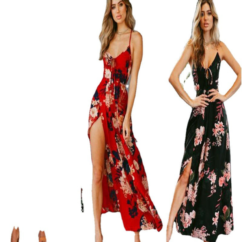 Damen Elegantes Floral-Maxikleid mit tiefem V-Ausschnitt und hohem Schlitz Sovae
