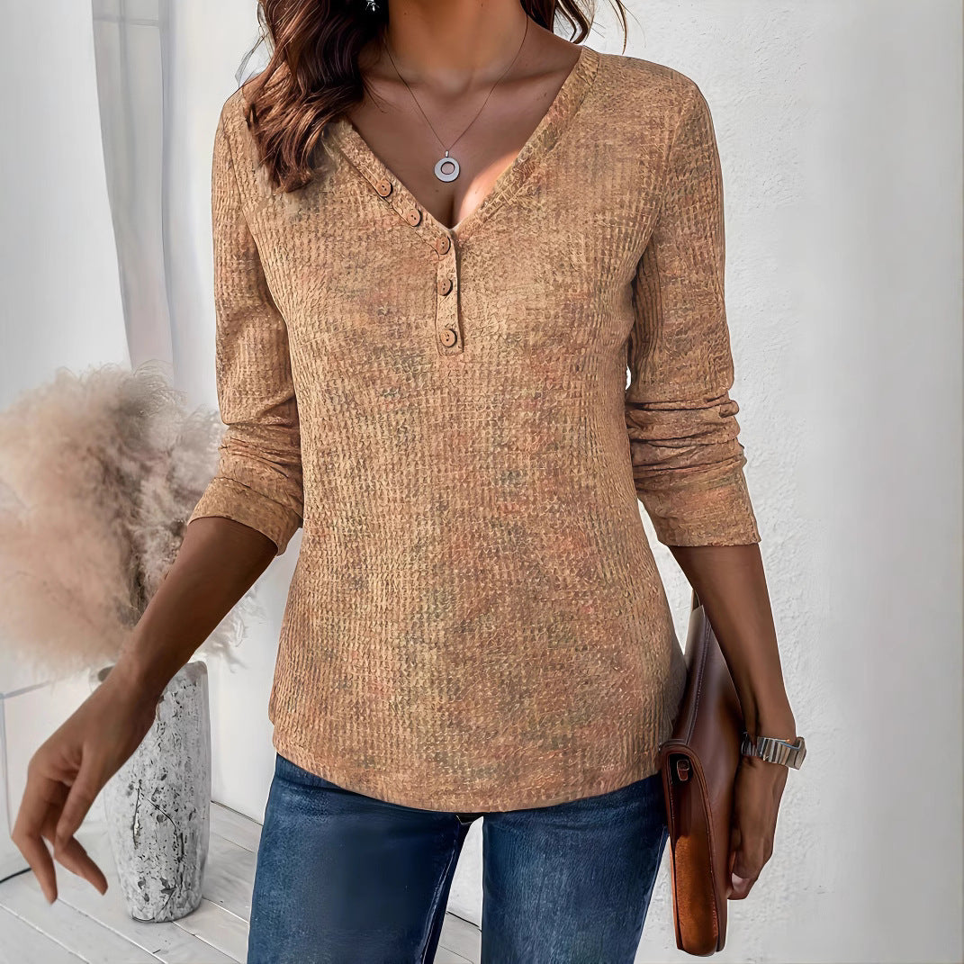 Damen Langarmshirt mit Knopfleiste und strukturierter Oberfläche Sovae