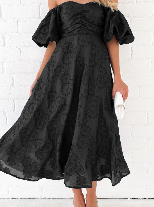 Damen Abendkleid mit Puffärmeln und floralem Jacquard-Muster Sovae