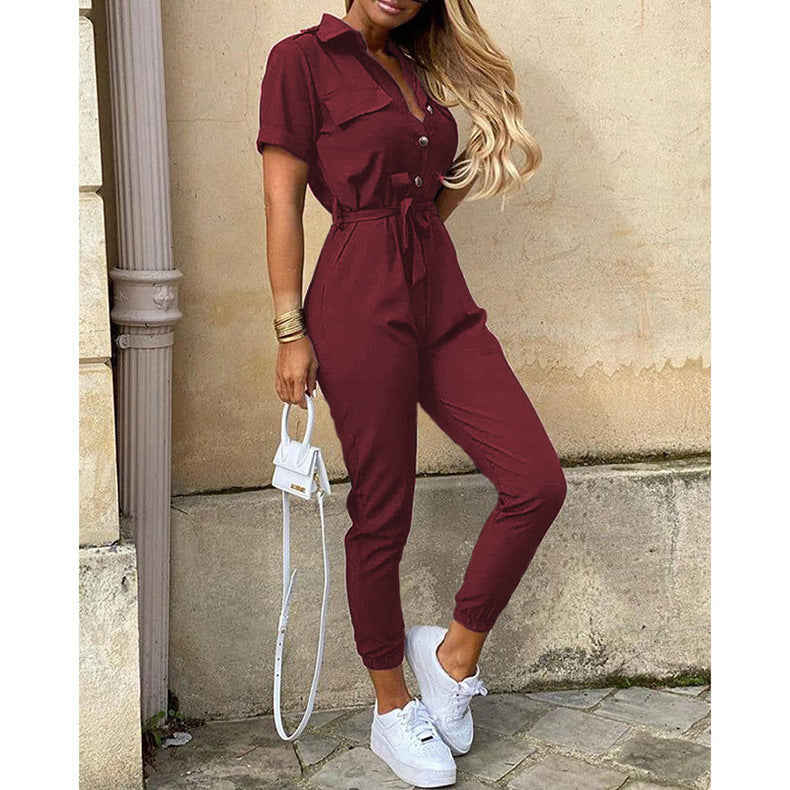 Damen lässiger Kurzarm Jumpsuit mit Taillengürtel Sovae