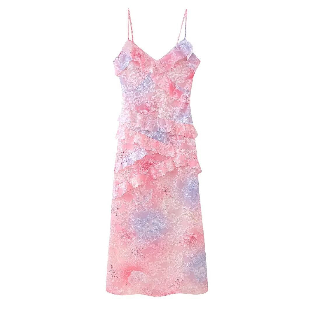 Damen Maxikleid mit voluminösen Rüschen und floralem Design Sovae