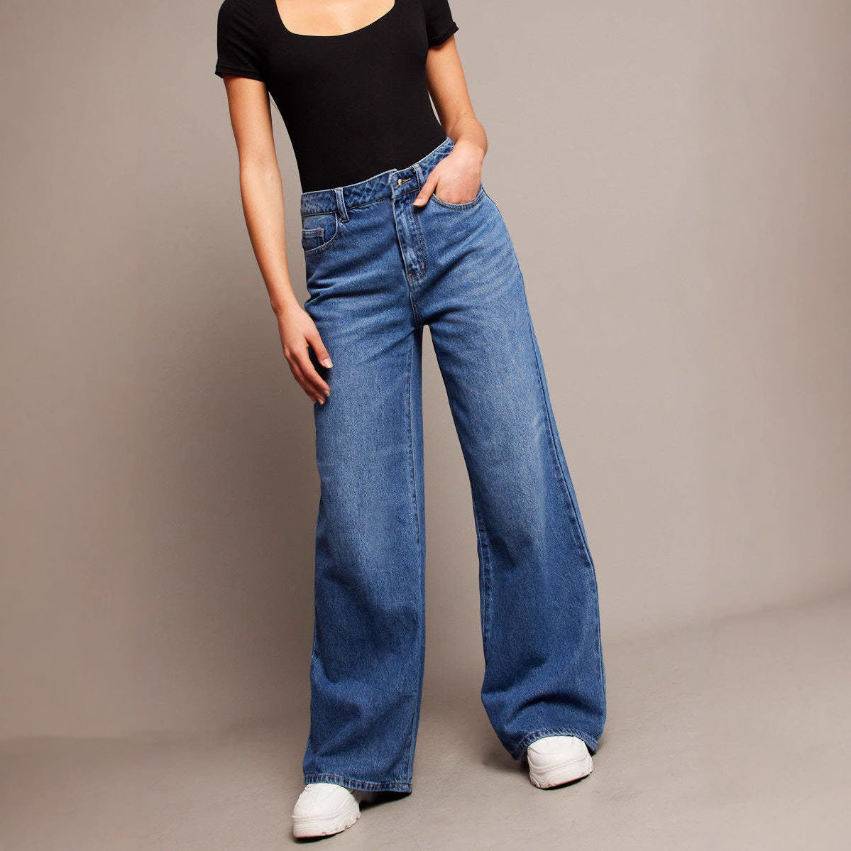 Damen Weite Denim-Hosen mit hohem Bund Sovae