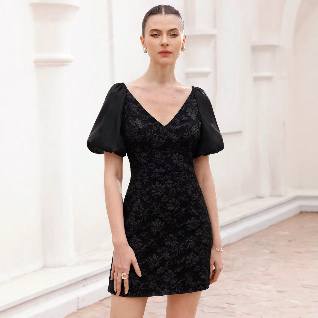 Damen Puffärmel Minikleid mit floralem Jacquard-Muster Sovae
