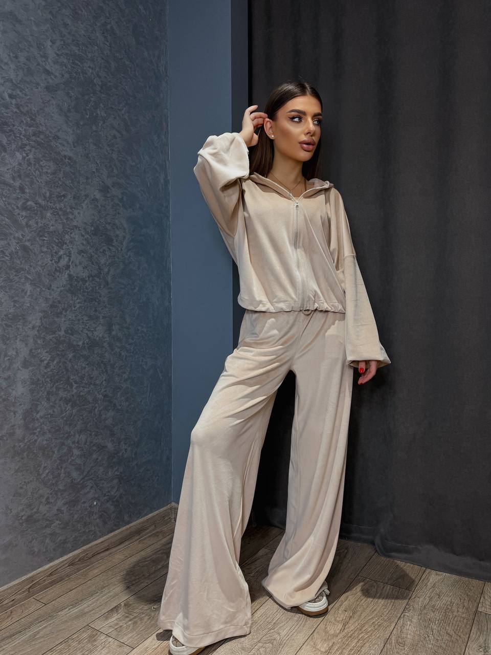 Damen Fleece-Cropped-Loungewear-Set mit weiten Hosen Sovae