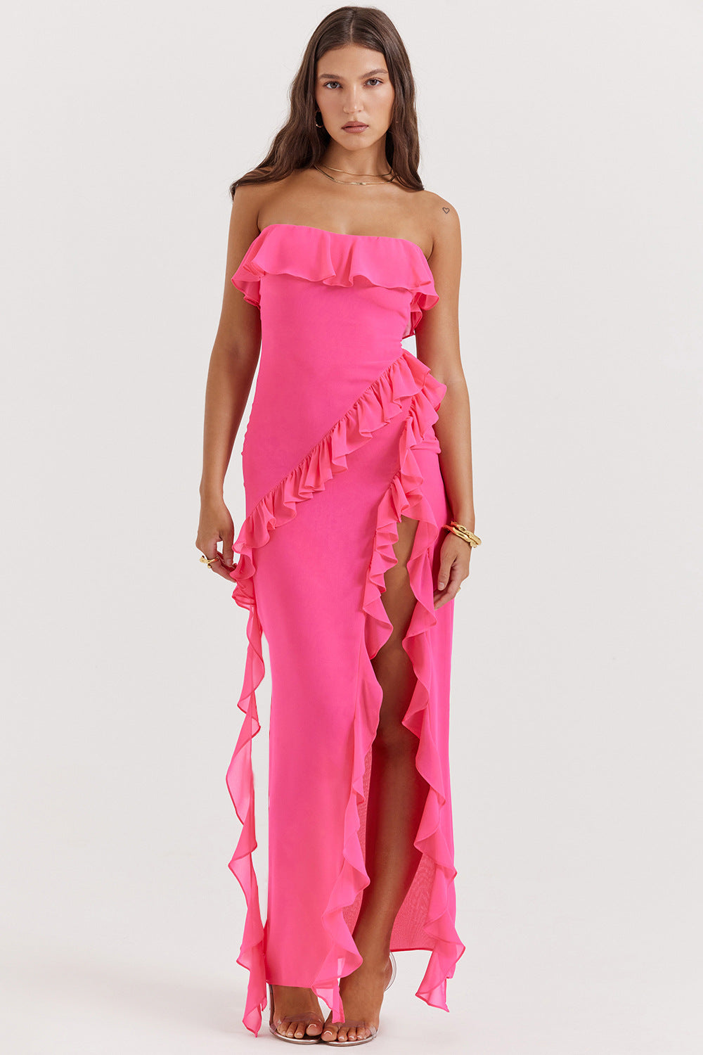 Damen elegantes, schulterfreies Maxikleid mit Rüschendetails Sovae