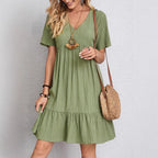 Damen Sommerliches V-Ausschnitt Kleid mit Volant Säume Sovae