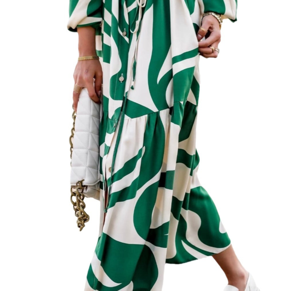 Damen Maxi-Hemdblusenkleid mit Gürteldetail und schwingendem Saum Sovae
