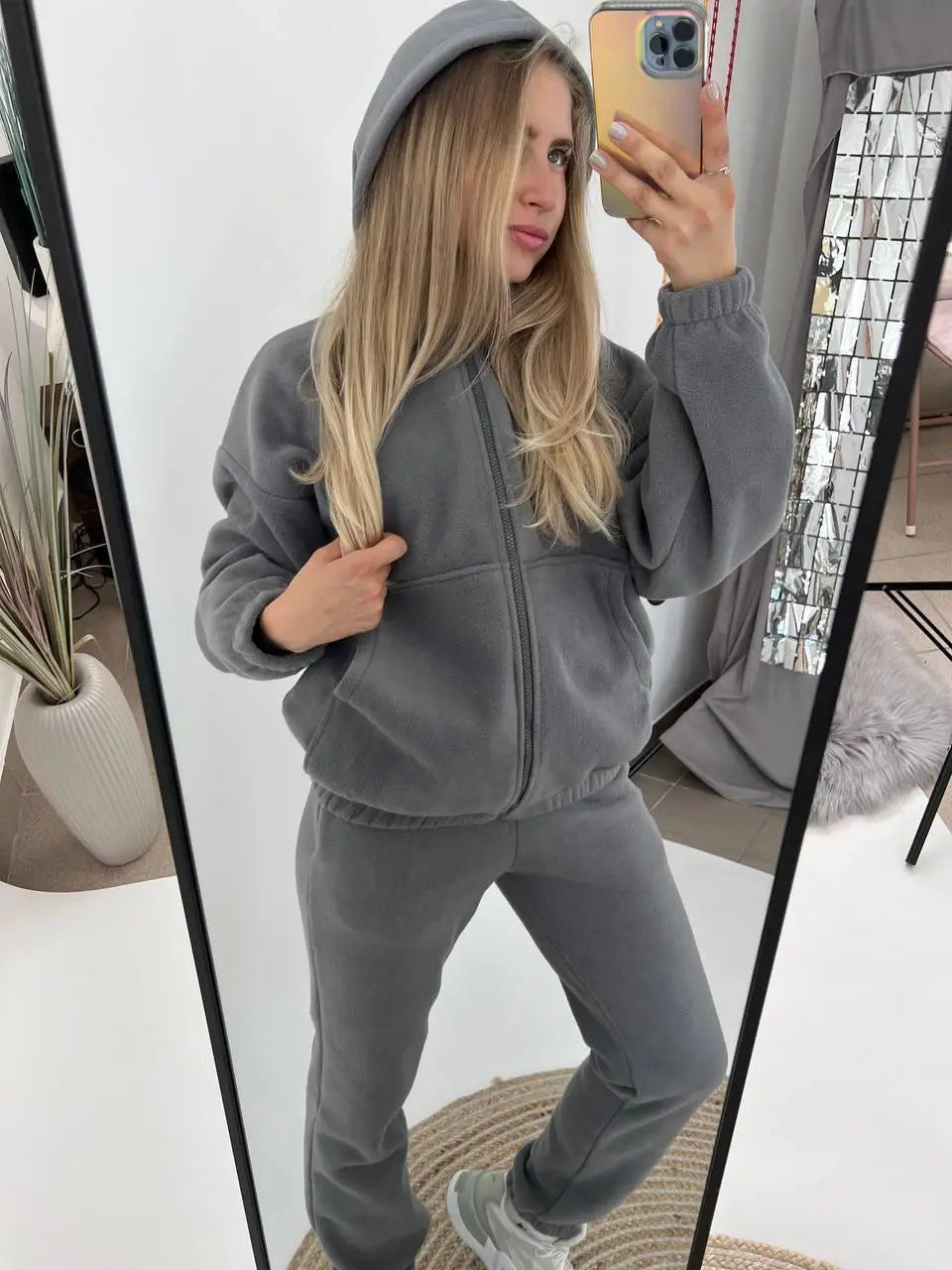 Damen Fleece-Loungewear-Anzug mit Reißverschluss und Kapuze Sovae