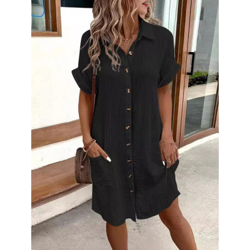 Damen Baumwoll-Kleid mit Knopfleiste und Taschen Sovae