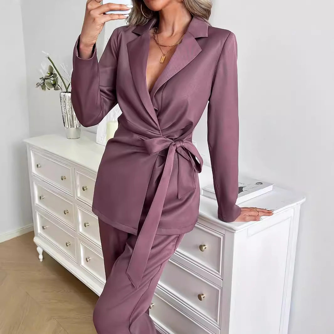 Damen elegantes Zweiteiler-Set mit tailliertem Blazer und weitem Hosen Sovae