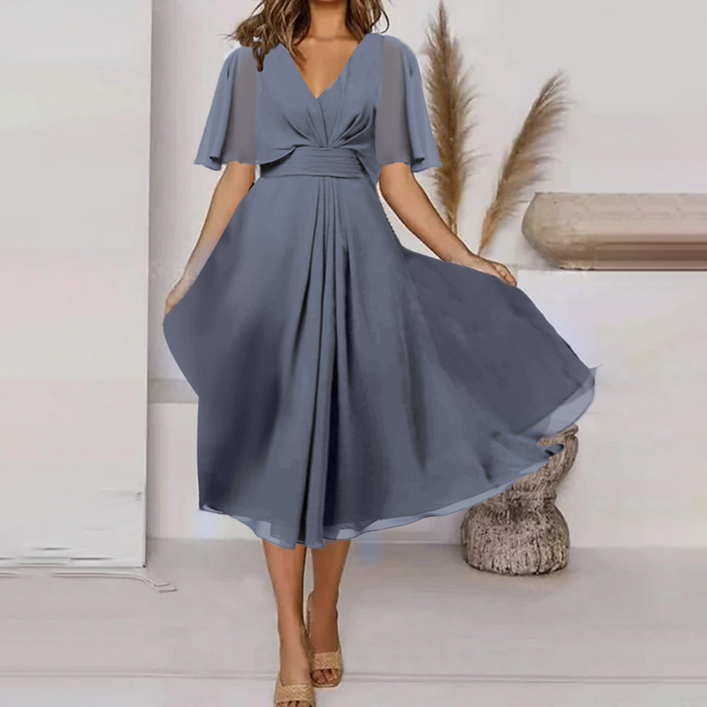 Damen Schwungvolles Elegantes Maxikleid mit femininen Rüsche-Ärmeln und Wickeloptik Sovae
