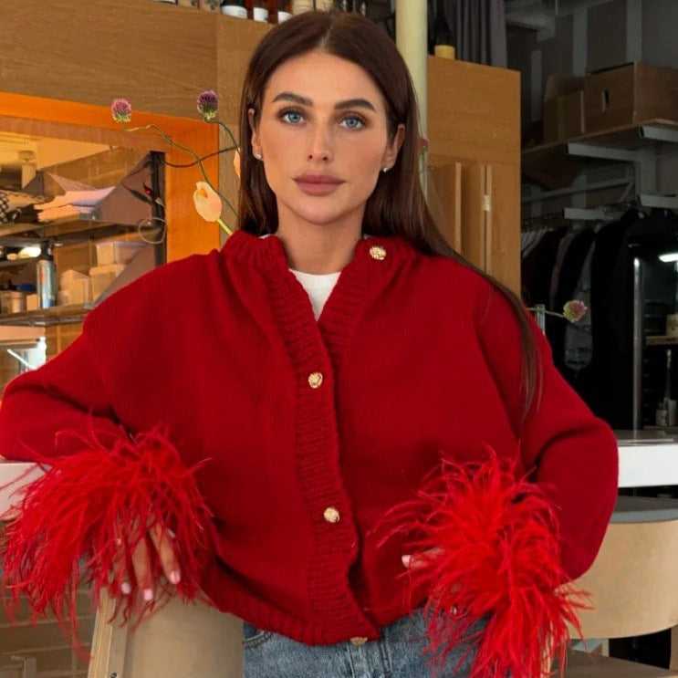 Damen Strickjacke mit fransigen Ärmeln und Knopfdetail Sovae