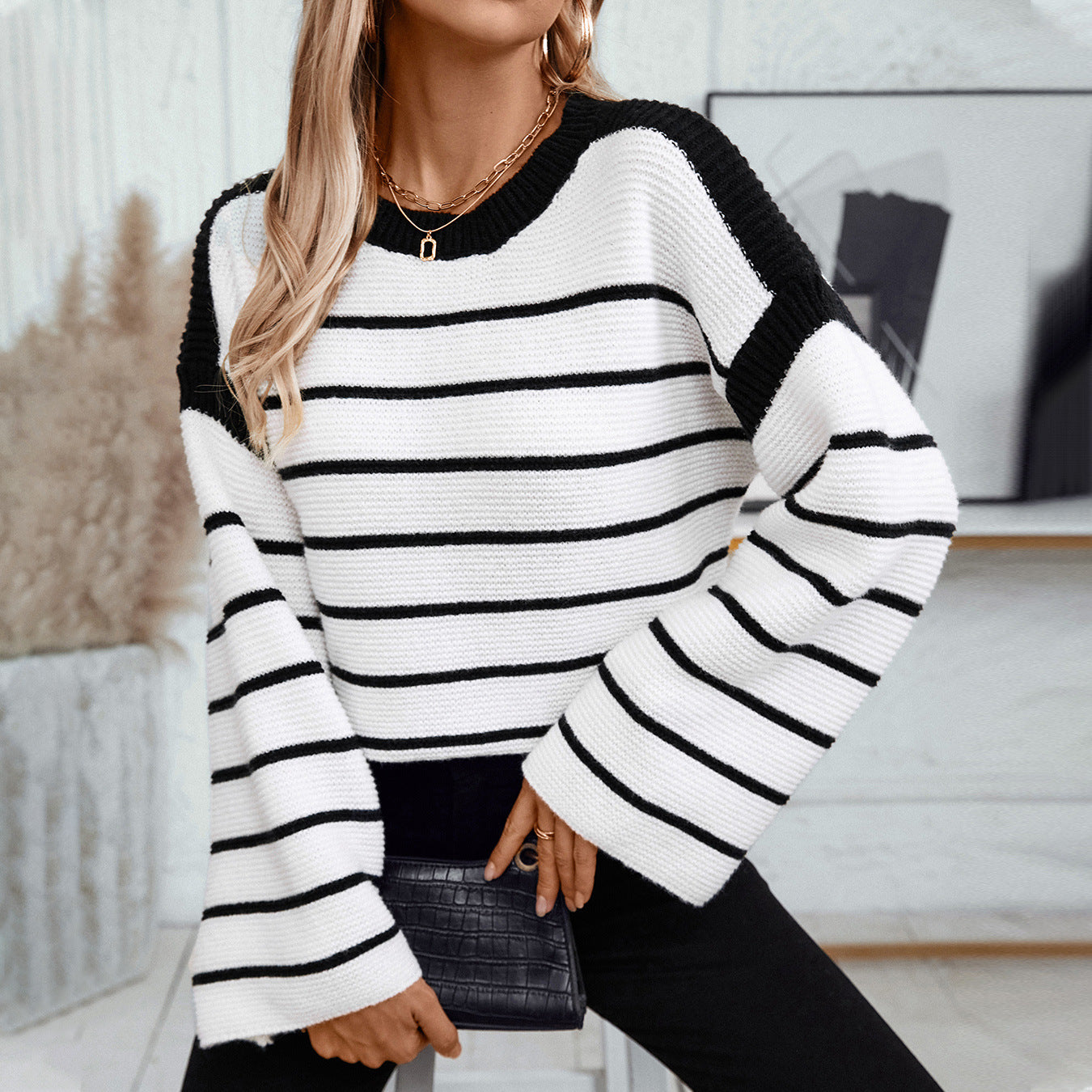 Damen lässiger Strickpullover mit blockierendem Streifenmuster und weitem Schnitt Sovae