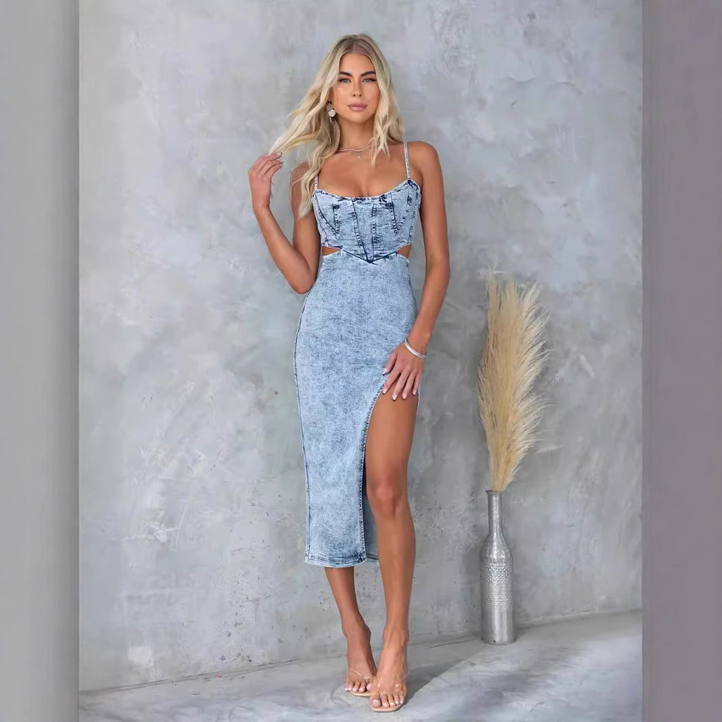 Damen Denim Kleid mit Cut-Outs und hohem Schlitz Sovae