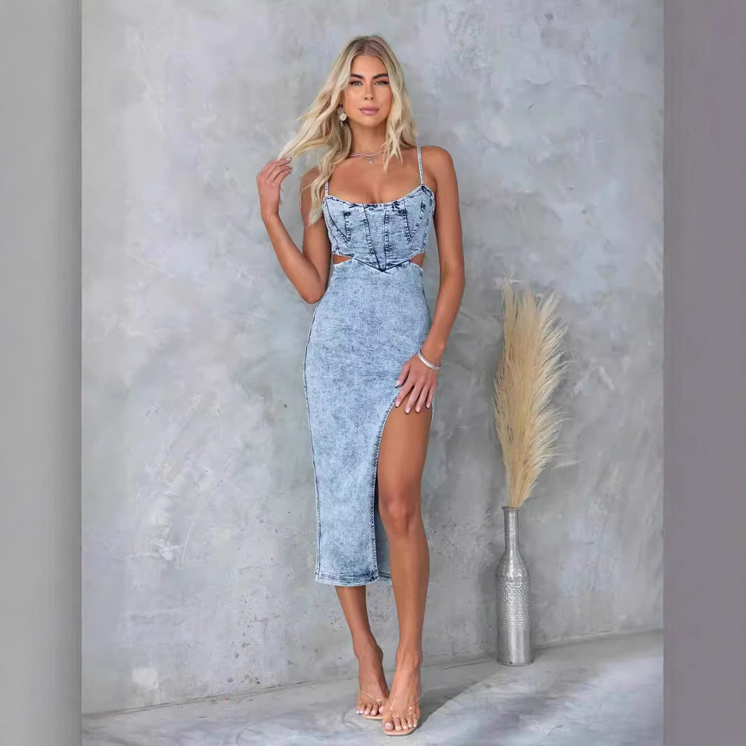 Damen Denim Kleid mit Cut-Outs und hohem Schlitz Sovae