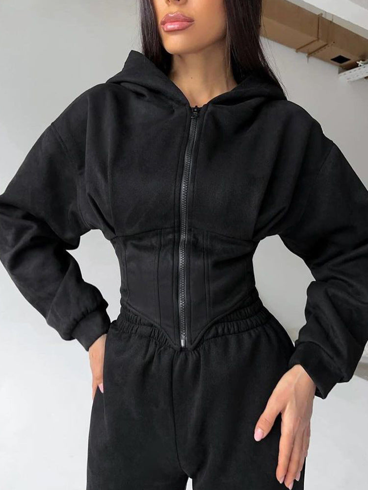 Damen sportlicher Jumpsuit mit Reißverschluss und Kapuze Sovae