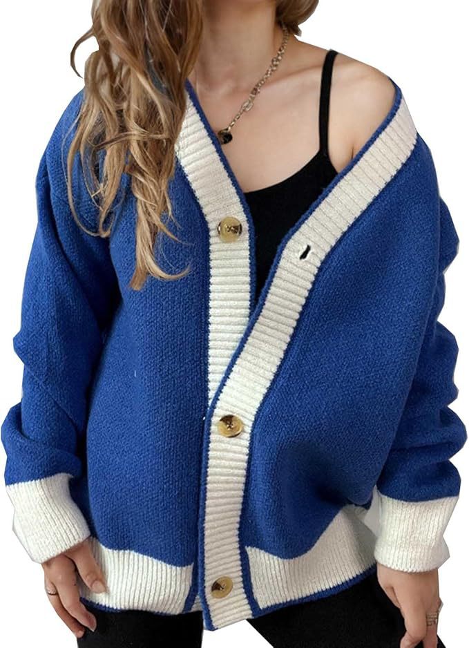 Damen lässige Strickjacke mit kontrastierenden Bündchen und dezenter Knopfleiste Sovae