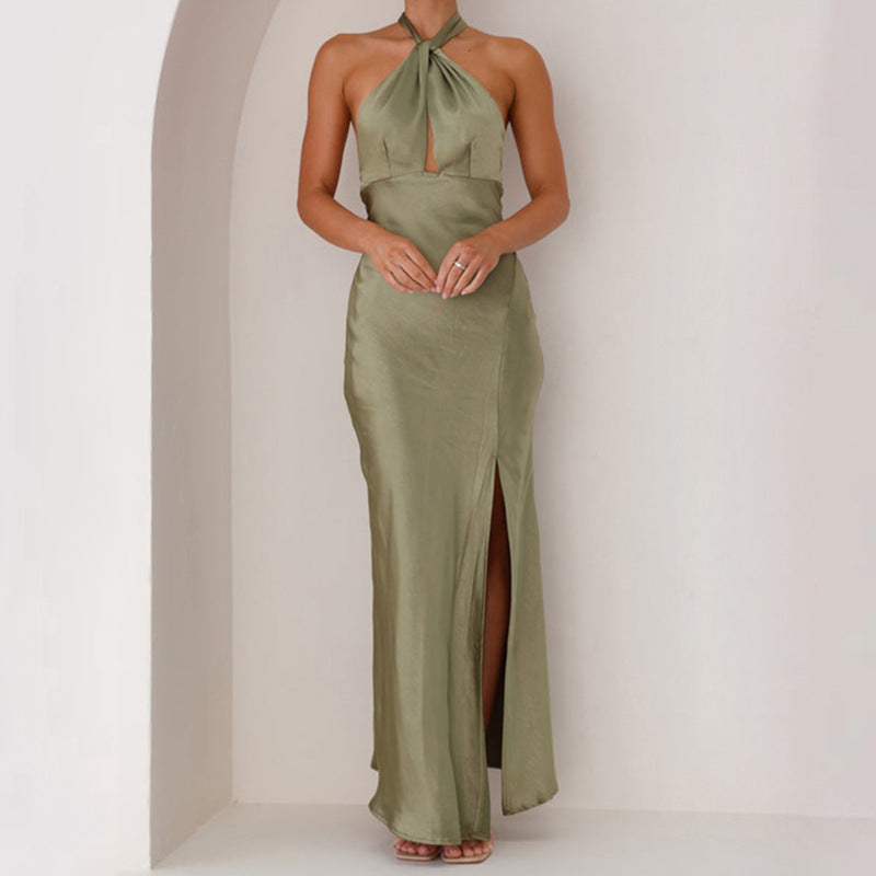 Damen elegantes Maxikleid mit tiefem V-Ausschnitt und schwingendem Saum Sovae