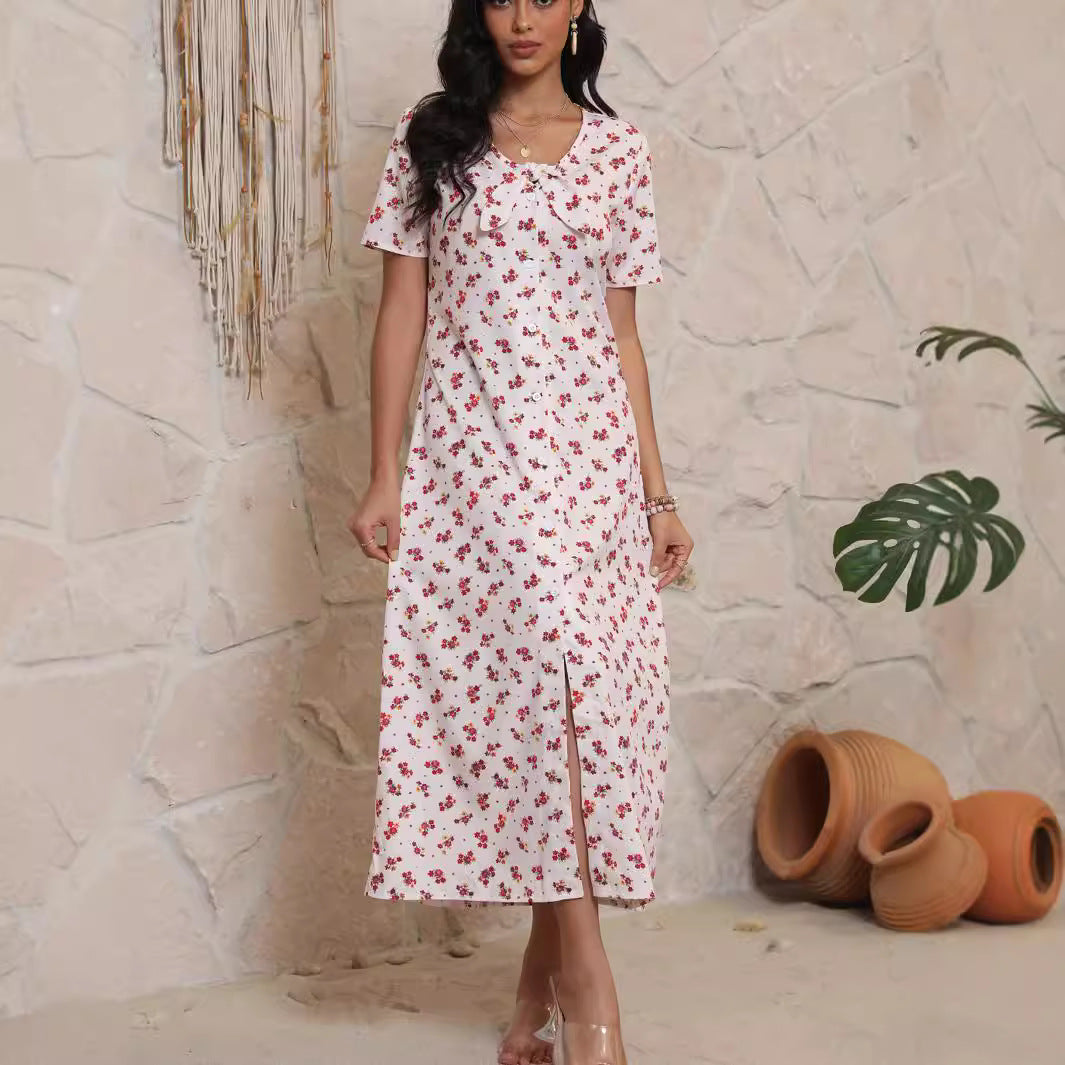 Damen Midi-Kleid mit floralem Muster und eleganter Schleife Sovae