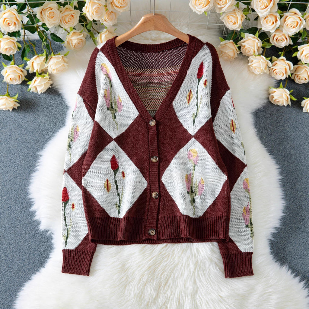Damen Strickjacke mit floralem Muster und dekorativem Knopfdesign Sovae