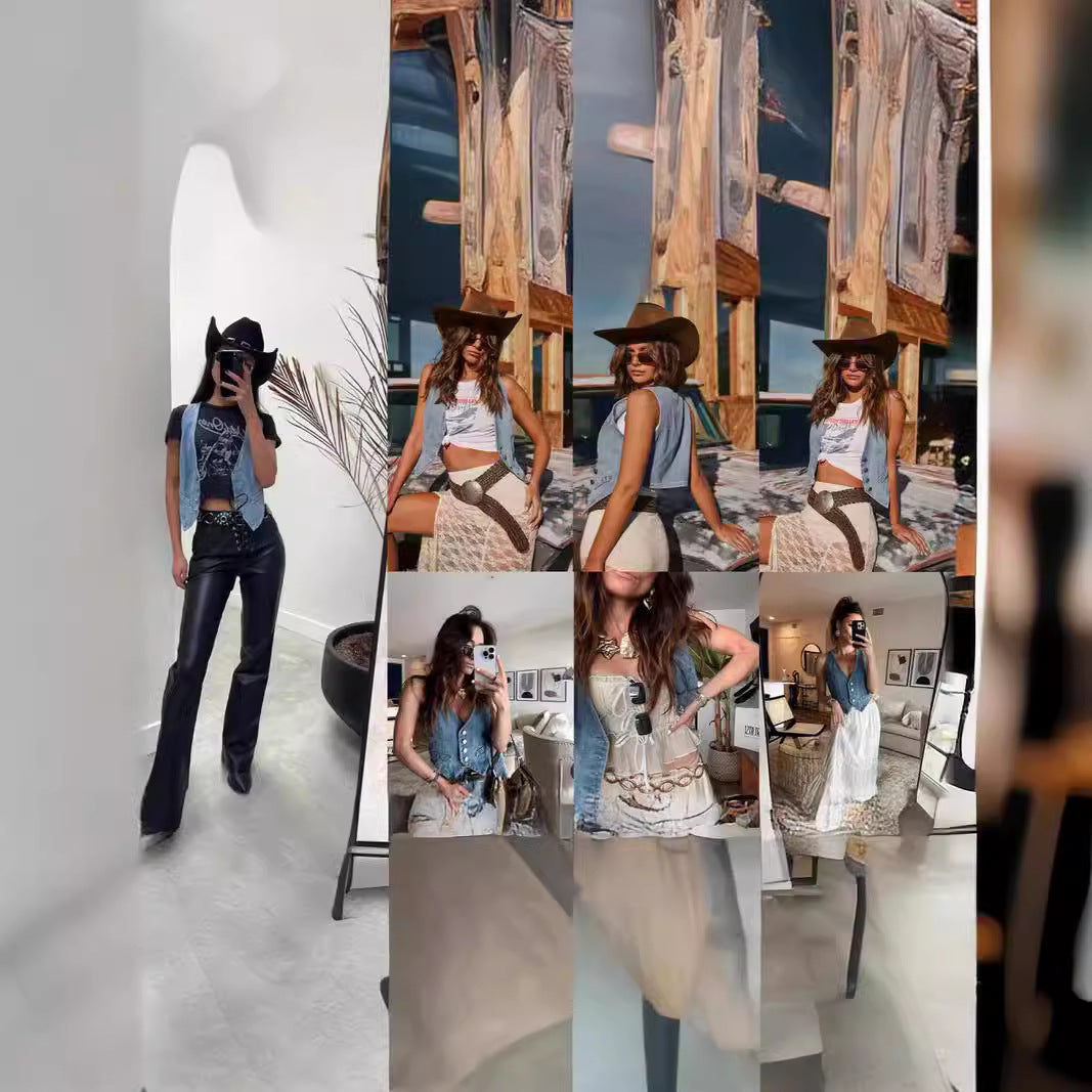 Damen modische Denim-Weste mit knopflosem Design und einzigartigen Details Sovae