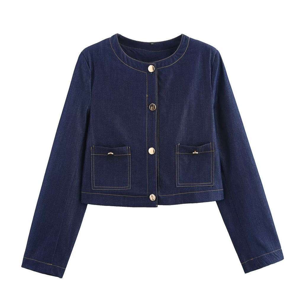 Damen cropped Jeansjacke mit aufgesetzten Taschen und eleganter Knopfdetails Sovae