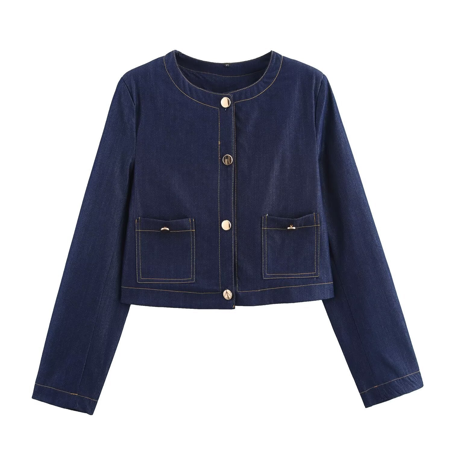 Damen cropped Jeansjacke mit aufgesetzten Taschen und eleganter Knopfdetails Sovae