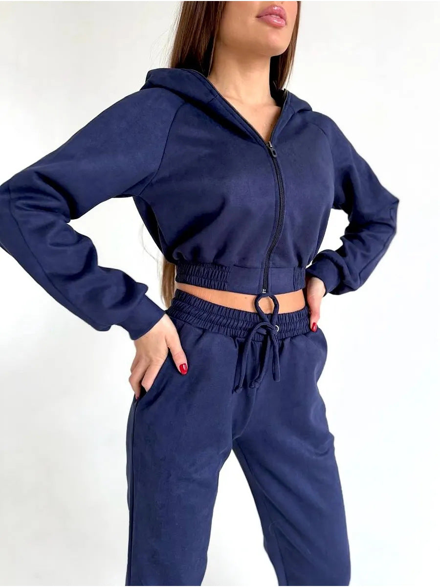 Damen Sportliches Fleece-Cropped-Set mit Kapuze und elastischem Bund Sovae