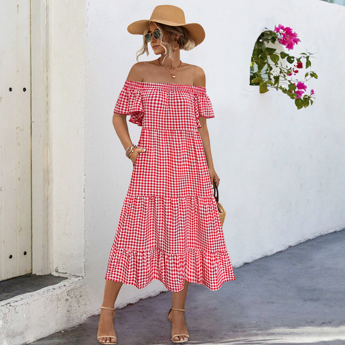 Damen Off-Shoulder Maxikleid mit raffinierten Rüschendetails und lockerer A-Linien-Silhouette Sovae