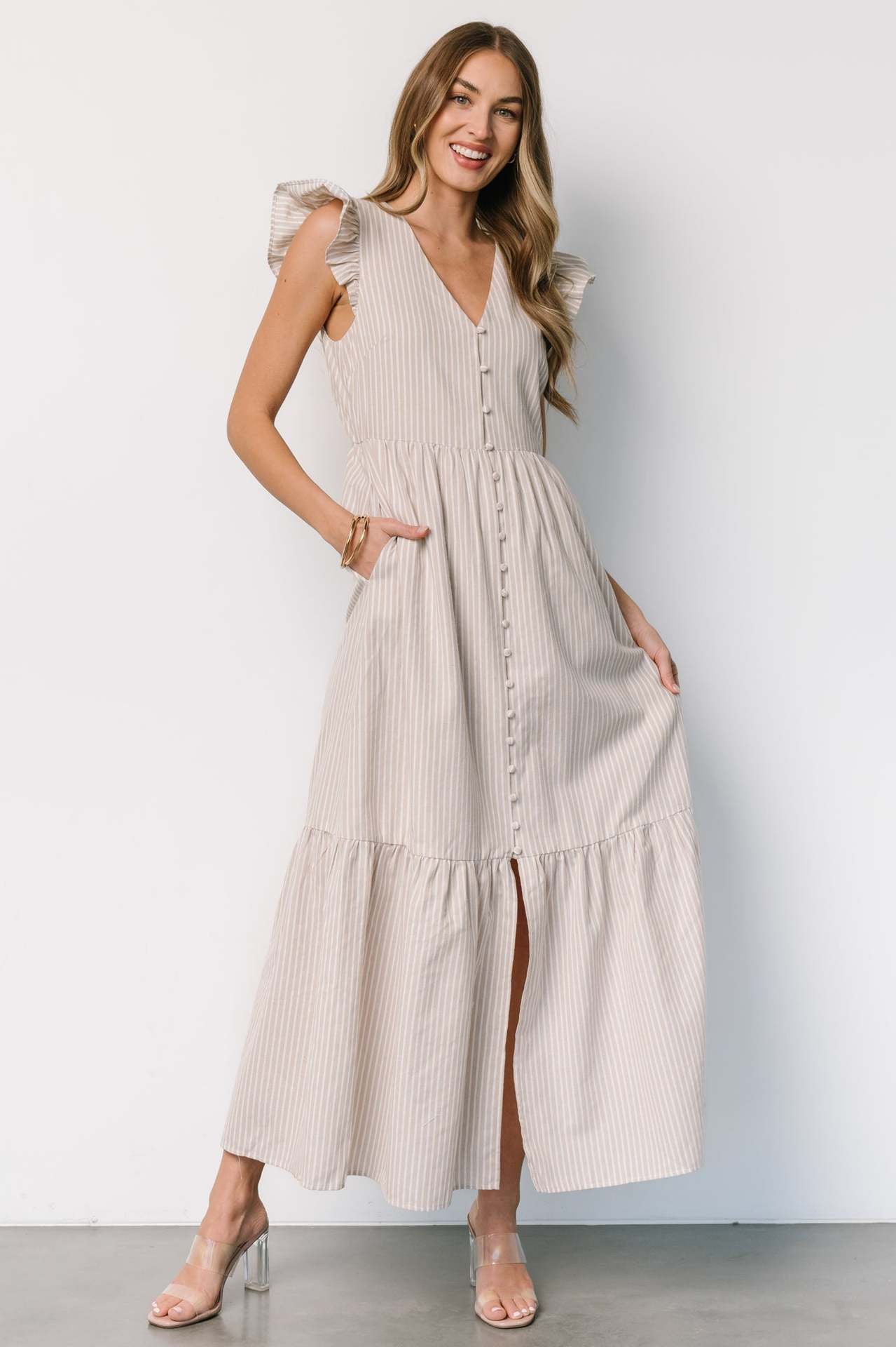 Damen Maxikleid mit voluminösen Ärmeln und durchgehender Knopfleiste Sovae